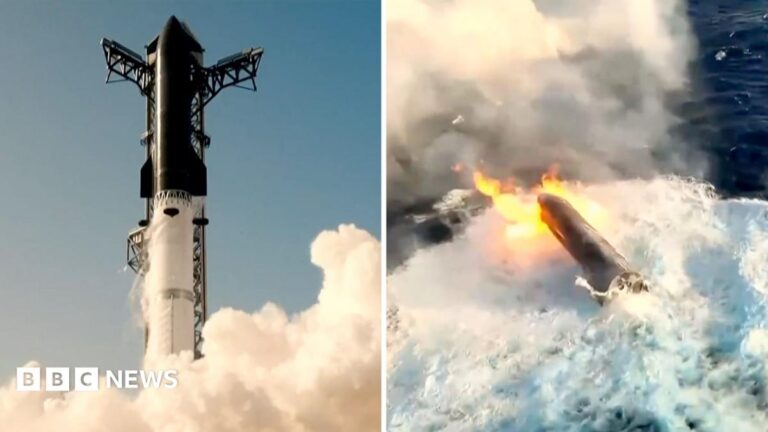 Split screen showing a rocket launch on the left and splashdown into the ocean on the right