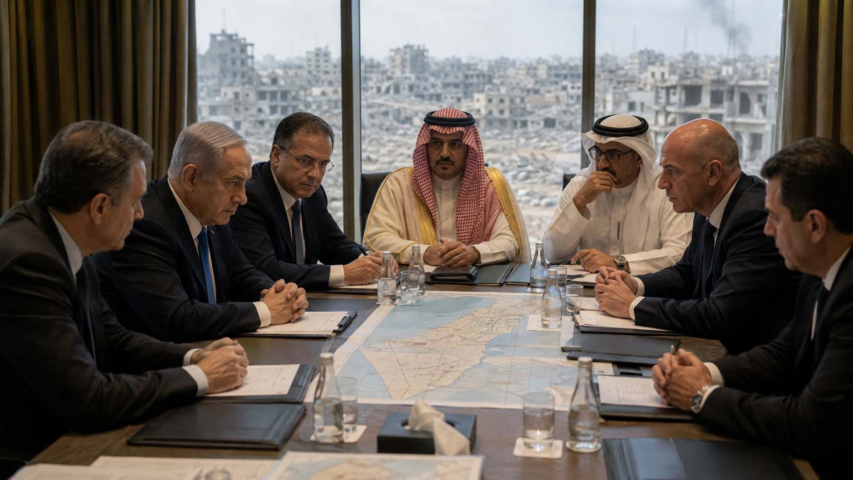 Imagen generada con Inteligencia Artificial de una representación de negociaciones sobre Gaza con Israel exigiendo el