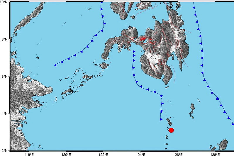 菲律賓民答那峨島西達沃省薩蘭加尼外海5日中午發生規模7.0地震，菲律賓火山暨地震研究所強調不會構成海嘯威脅。（取材自X平台@PHIVOLCS-DOST）