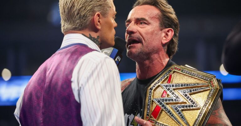 Wrestlers CM Punk and Cody Rhodes stand face to face in a WWE ring