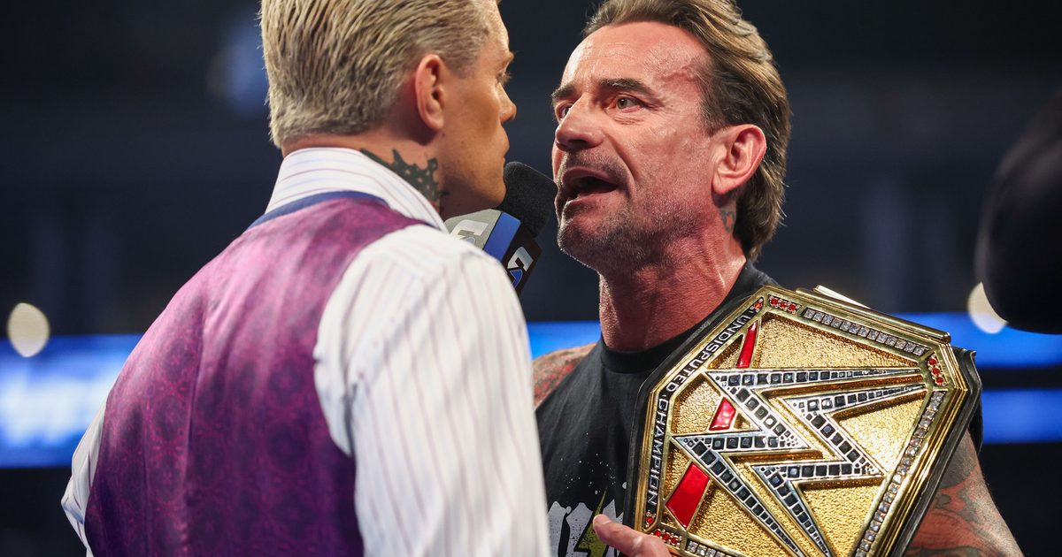 Wrestlers CM Punk and Cody Rhodes stand face to face in a WWE ring