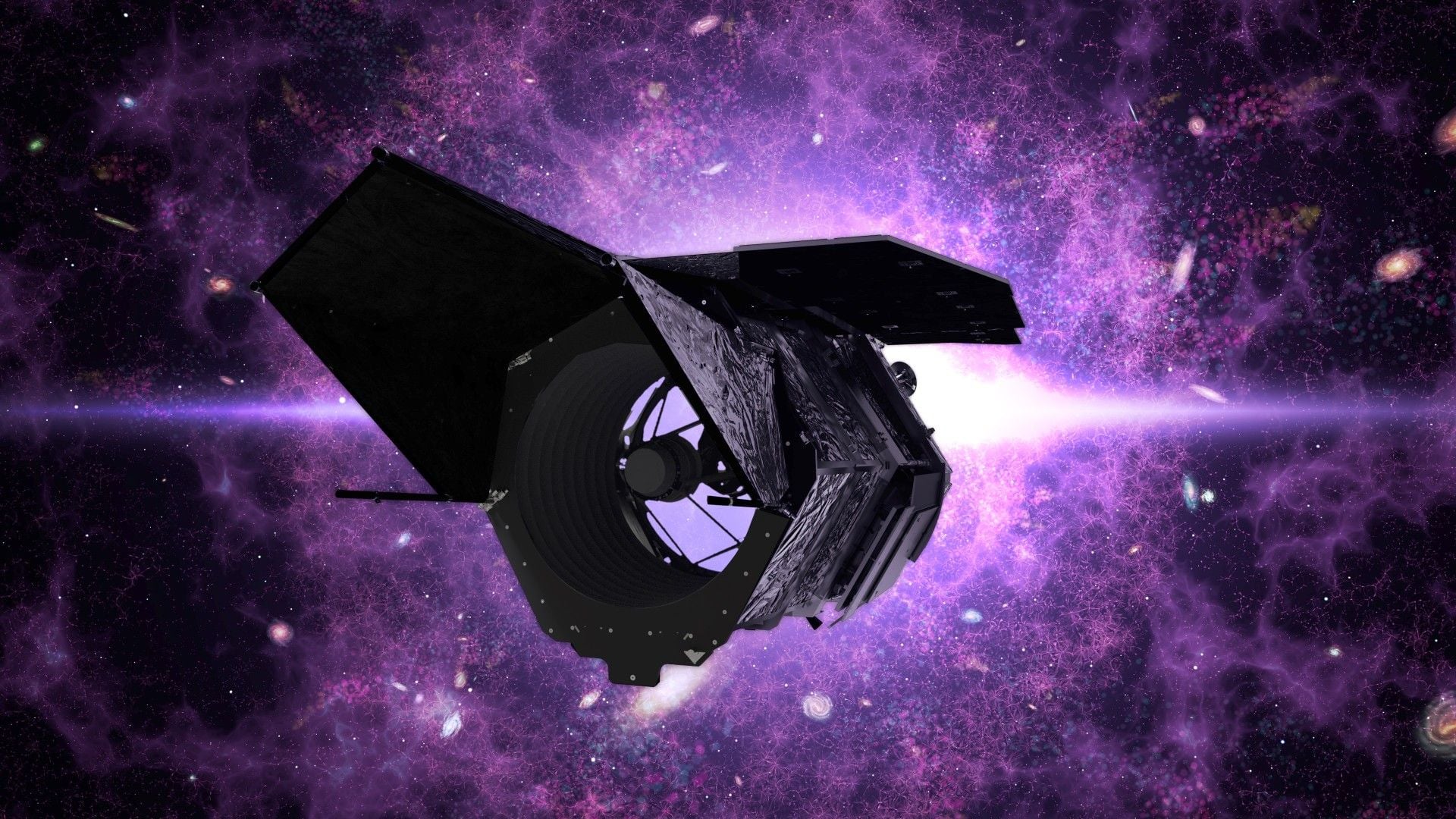 An illustration of the Nancy Grace Roman Space Telescope in deep space. It looks like a dark metal cylinder with a dark