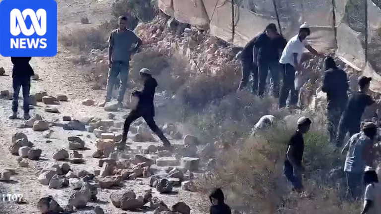 A screengrab from CCTV footage showing Jewish settlers throwing rocks on a road