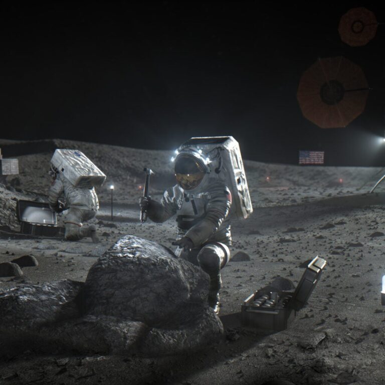 NASA concept illustration of two Artemis astronauts working on the lunar surface