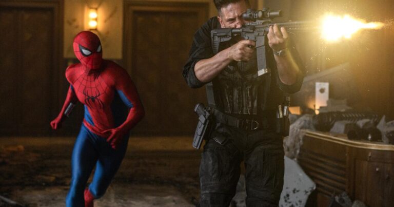 Spider-Man and The Punisher (Jon Bernthal) in Columbia Pictures SPIDER-MAN™: BRAND NEW DAY. photo by: Jay Maidment