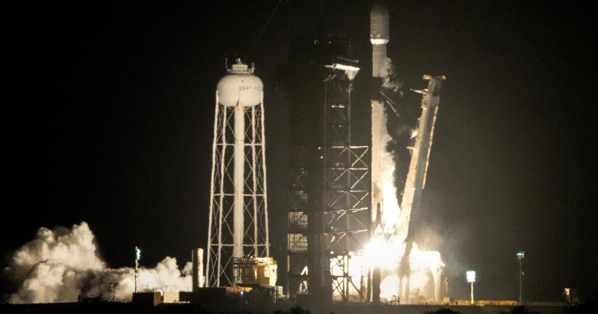 FILE - A SpaceX Falcon 9 rocket lifts off from pad 39A with a payload of a pair of lunar landers at the Kennedy Space Center