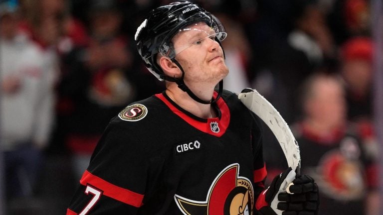 Ottawa Senators' Brady Tkachuk (7) looks on after the team was eliminated by the Carolina Hurricanes after third period of