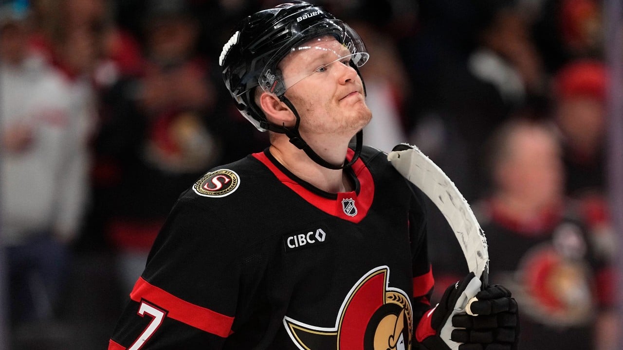 Ottawa Senators' Brady Tkachuk (7) looks on after the team was eliminated by the Carolina Hurricanes after third period of