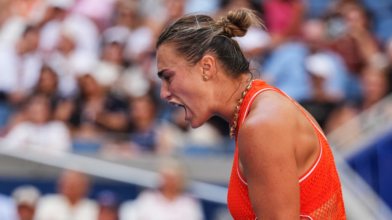 Aryna Sabalenka, of Belarus, reacts during a match against Linda Noskova, of the Czech Republic, during the quarterfinal