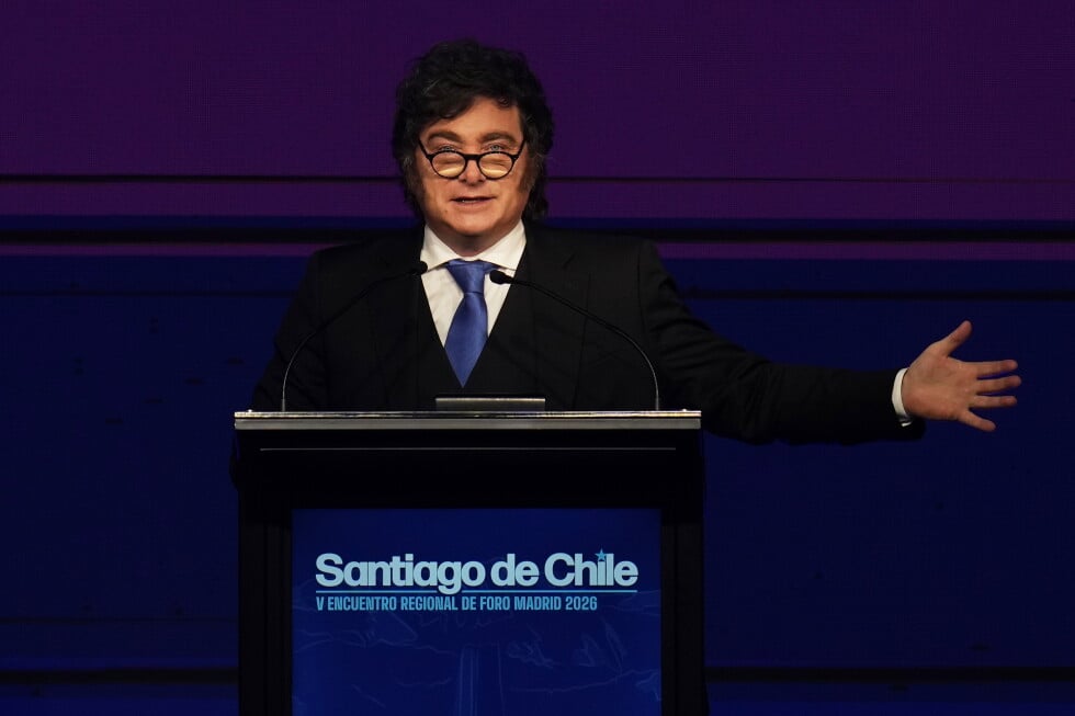 Argentina's President Javier Milei speaks at the Madrid Forum in Santiago, Chile, Thursday, Sept. 3, 2026. (AP Photo/Esteban