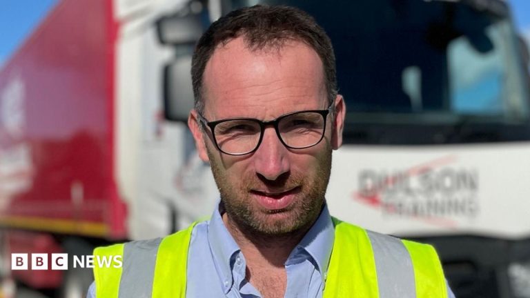 A dark-haired man wearing a blue short and high vis vest, standing in front of a white lorry with a red trailer. "Dulson